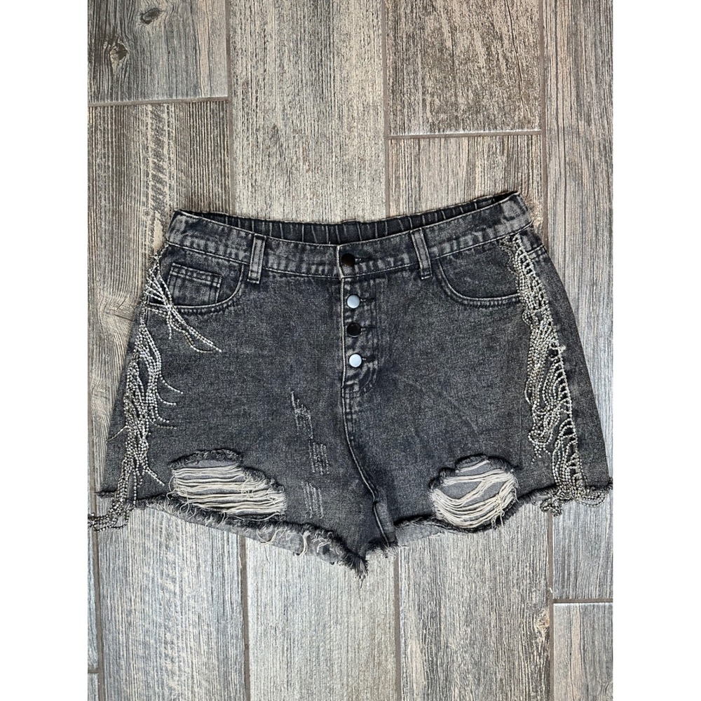 Savanna Jane Black Acid Wash Rhinestone Fringe Distressed Denim‎ Shorts - L